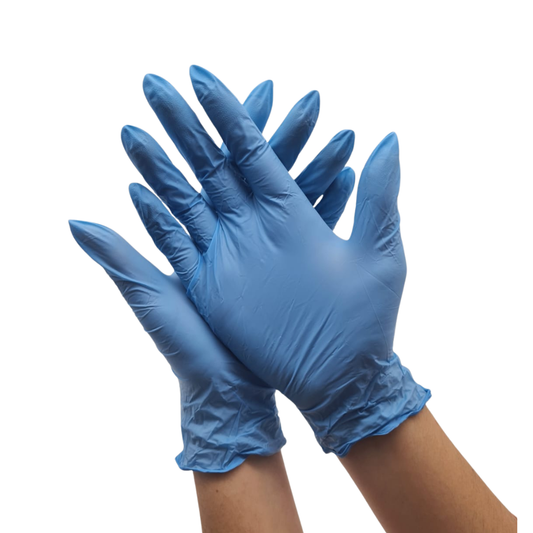 I005 Blue Nitrile Gloves 50 Pairs | Hands overlapping with Pair of blue gloves on a white background