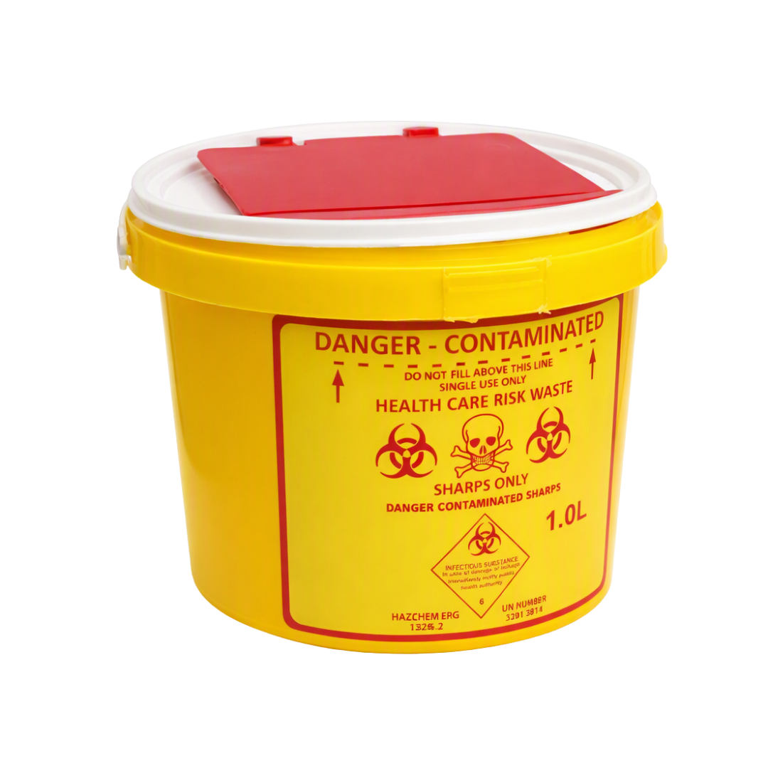 A yellow hazardous waste container with a white lid, red flip-top lid, and red biohazard warning labels on the front.