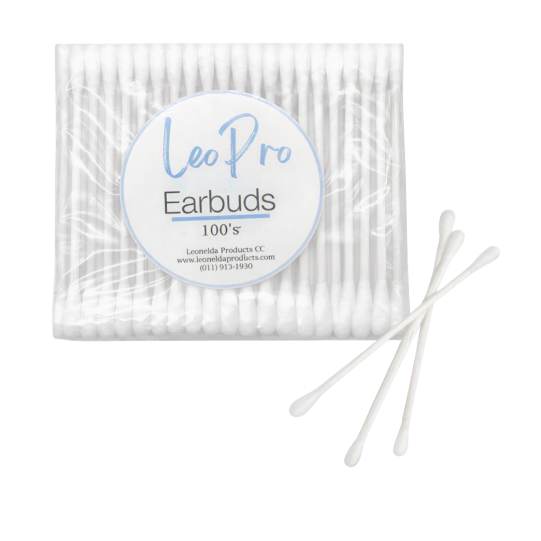 A pack of white cotton earbuds in a clear plastic sleeve with a round white label reading 'Leo Pro Earbuds 100's', plus three loose earbuds placed in front on a white background.