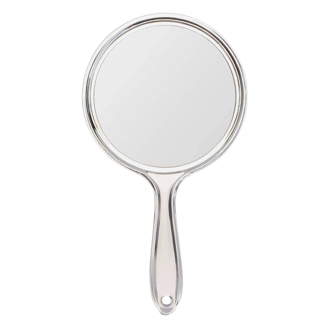A classic round hand mirror with a polished silver-tone metal frame and handle, shown against a plain white background.