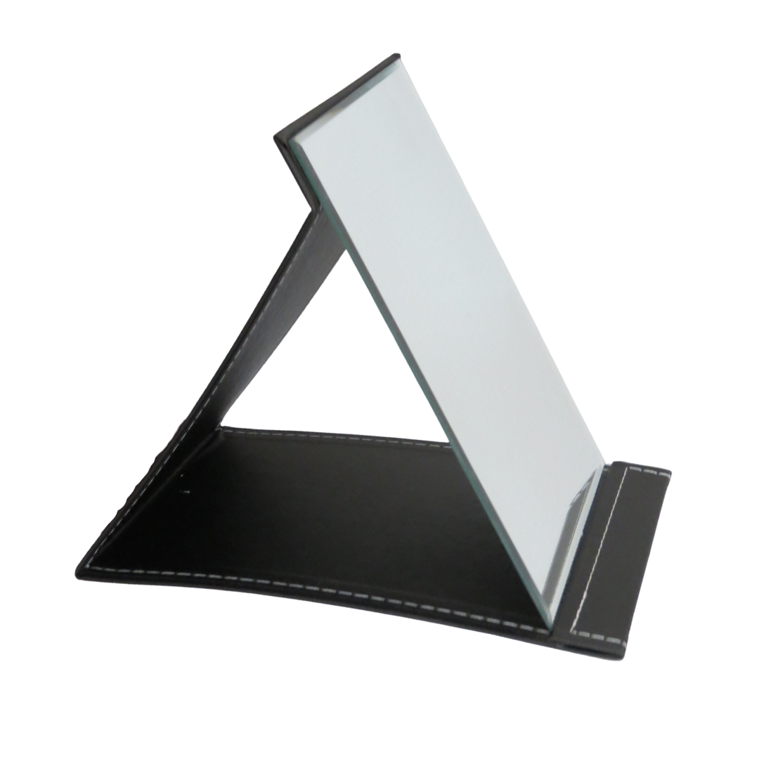 A black faux-leather folding stand with a clear glass mirror panel, shown open on a white background.