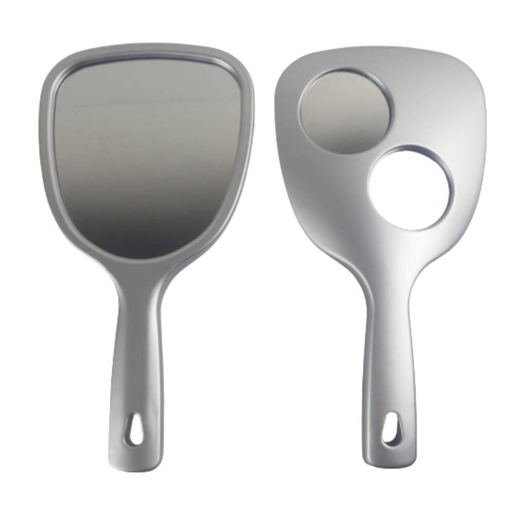 Two silver handheld mirrors with different face magnifying and viewing designs, shown side-by-side on a white background.
