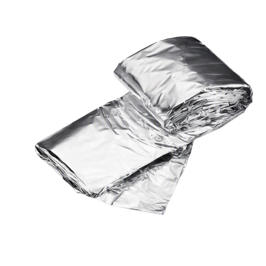 A silver reflective emergency blanket, folded and overlapping, shown on a plain white background.
