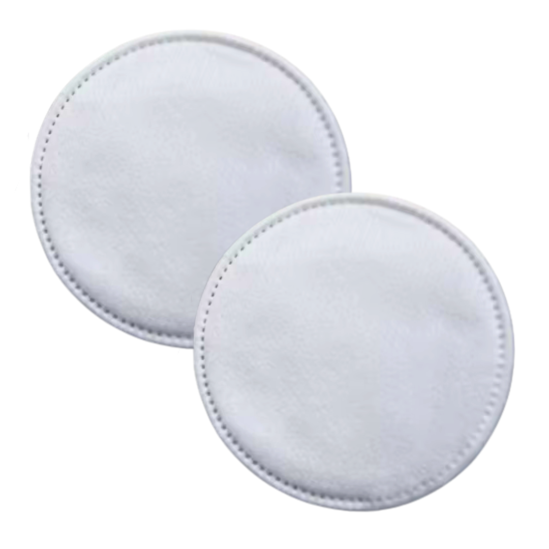 Two round white cotton makeup remover pads with stitched edges, shown overlapping on a plain white background.