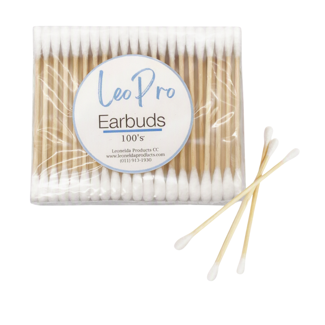 A pack of 100 LeoPro Earbuds in a clear plastic bag with a white circular label, shown on a white background with three individual earbuds placed in front.