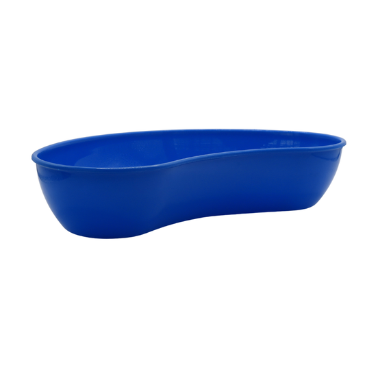 A 15cm long bright blue plastic kidney bowl, shown from a side angle against a plain white background.