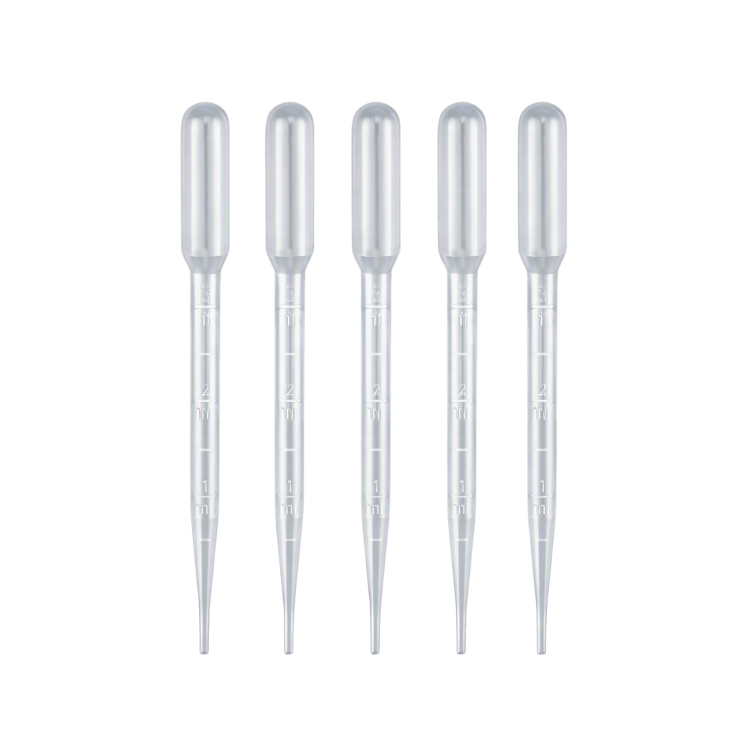 Five clear plastic dropper pipettes with measurement markings on a plain white background.