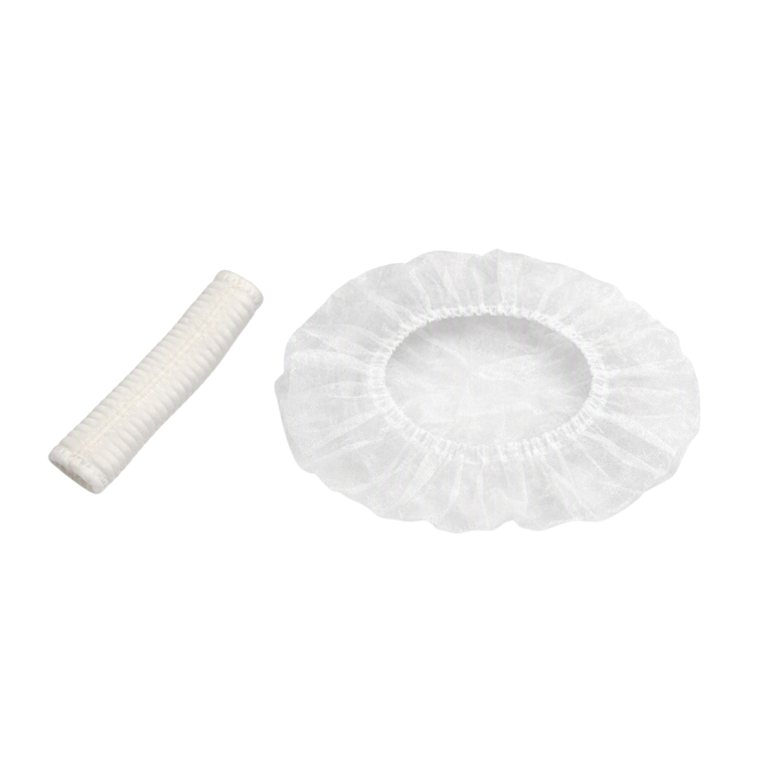 A white disposable mop cap and a matching white unopened cap shown on a plain white background.