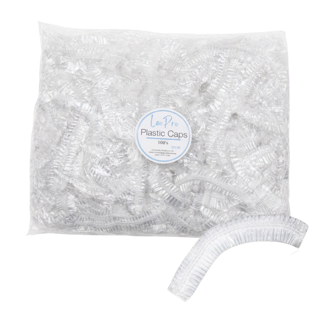 A clear plastic bag filled with many small clear plastic caps, with a circular white label reading 'Leo Pro Plastic Caps 100 pcs' and one loose clear fringed cap shown in front on a white background.