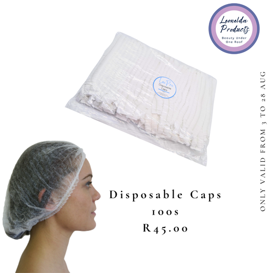 I056 Disposable Woven Cap 100 pack | A pack of disposable woven hair caps shown in clear plastic packaging, with a side profile of a woman wearing a clear disposable cap at the bottom left. Text reads Disposable Caps 100s R45.