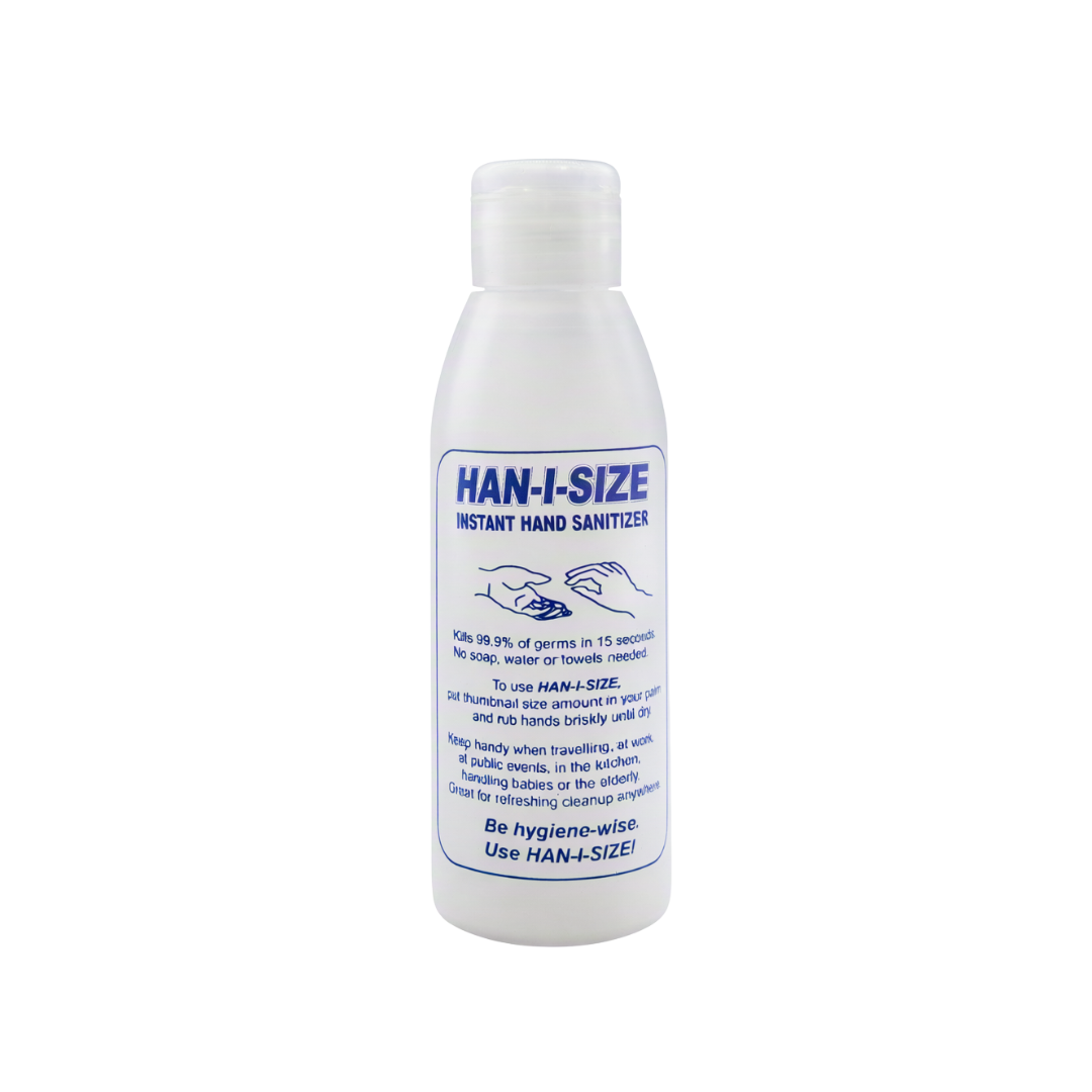 A white plastic bottle of HAN-I-SIZE Instant Hand Sanitizer with a white cap, featuring a blue and white label with hand washing instructions.