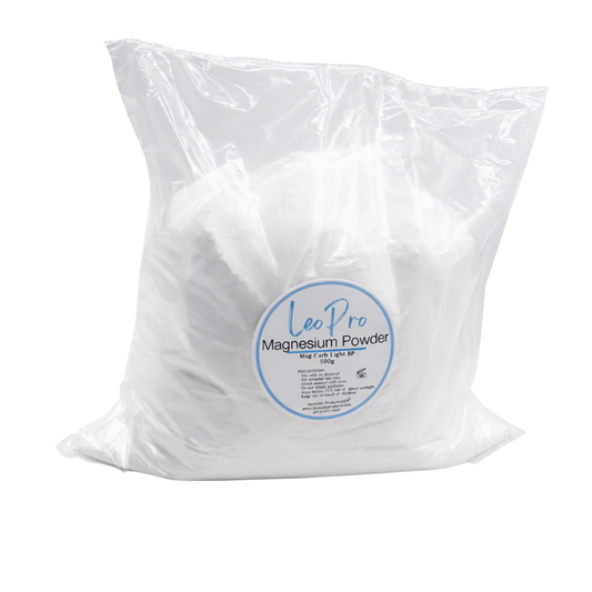 White Magnesium powder in clear bag and LeoPro branding