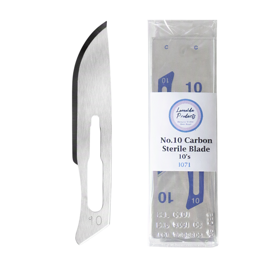 A single No.10 carbon sterile blade shown next to its clear plastic packaging with a white label reading 'Leonelda Products No.10 Carbon Sterile Blade
