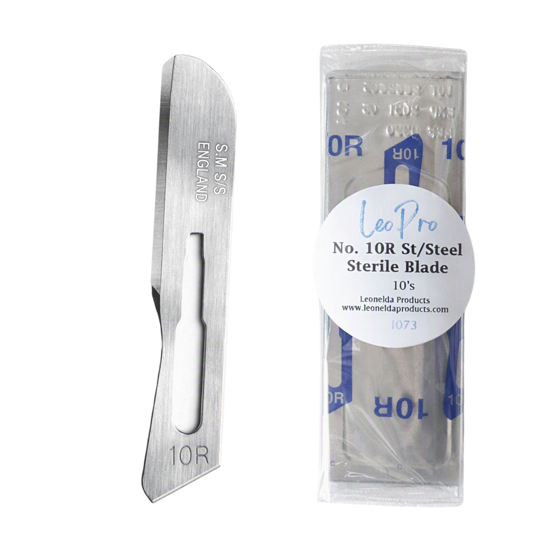 A stainless steel 10R sterile blade shown next to its clear plastic packaging with a white circular label reading 'Leo Pro No. 10R St/Steel Sterile Blade 10's'.