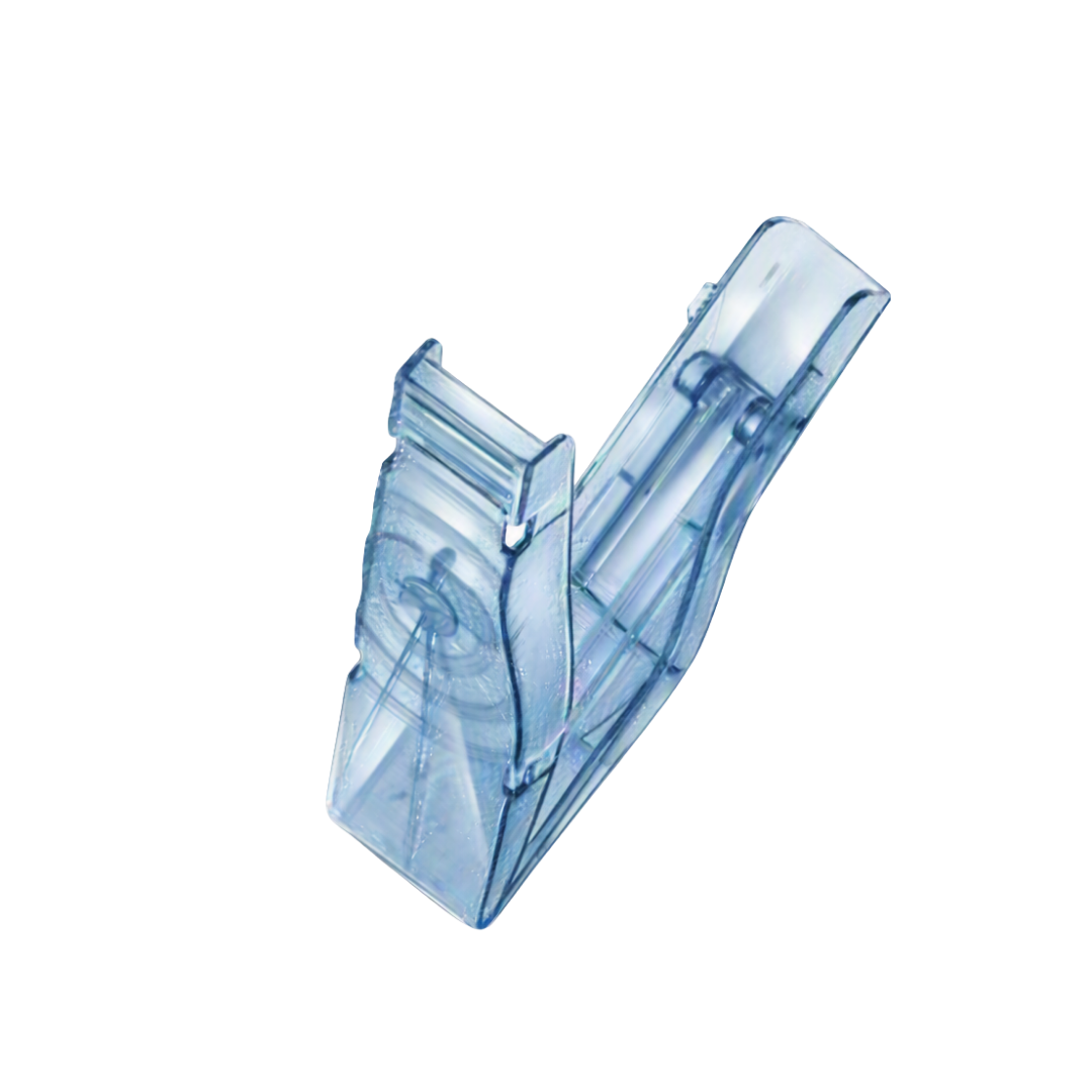 A translucent light blue plastic scalpel blade remover isolated on a solid white background.