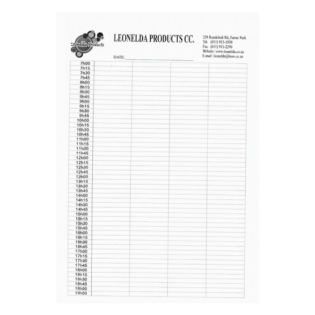 A white paper receipt sheet with black printed text reading 'LEONELDA PRODUCTS CC.' at the top, a logo on the upper left, and a grid for time entries from 07:00 to 19:00.