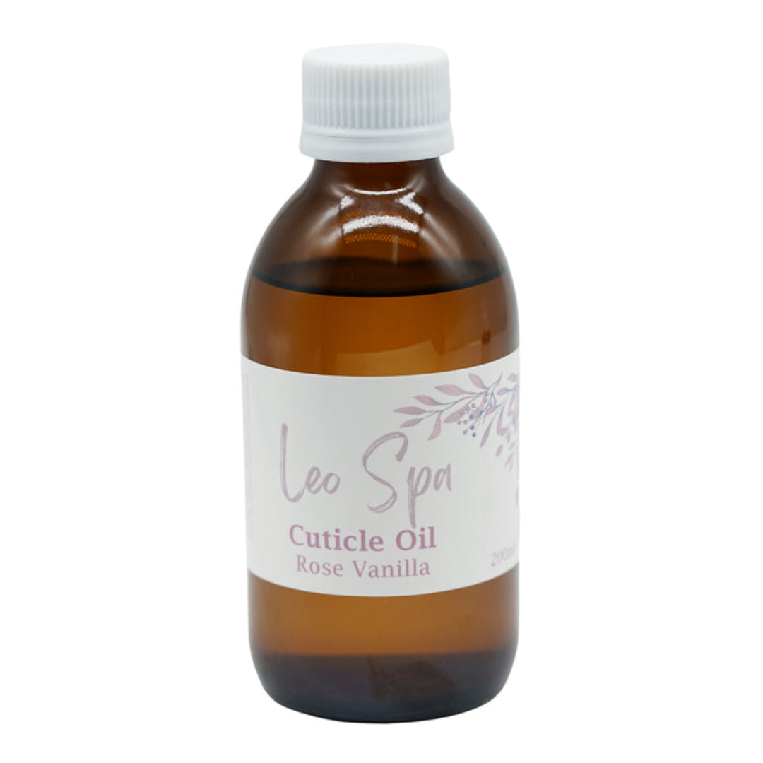 A bottle of LeoPro cuticle oil labeled rose vanilla, with a white cap and a label that includes the brand name and product type.
