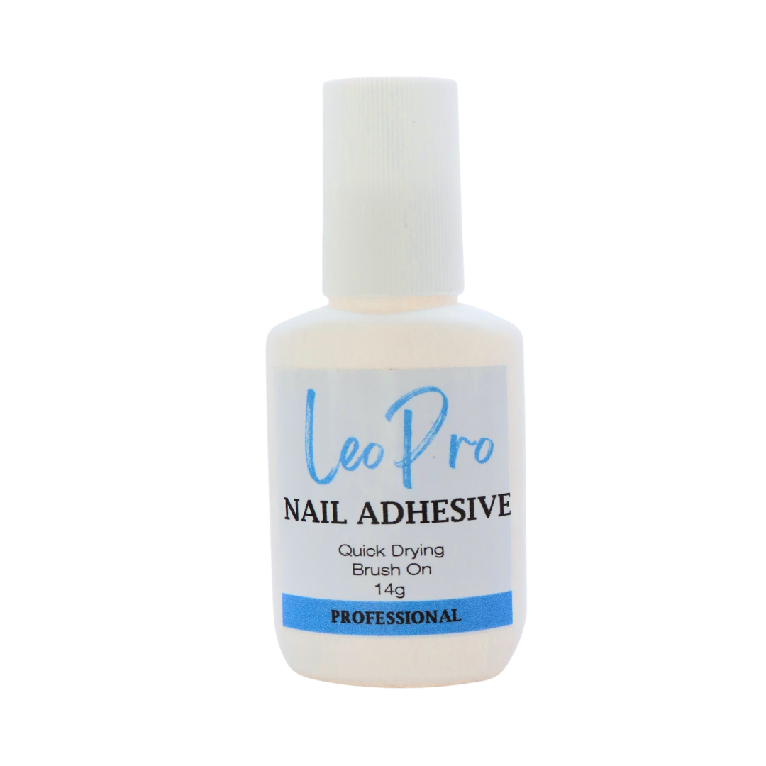 A small white bottle of Leo Pro Nail Adhesive with a white cap, featuring a white label with blue and black text, on a plain white background.