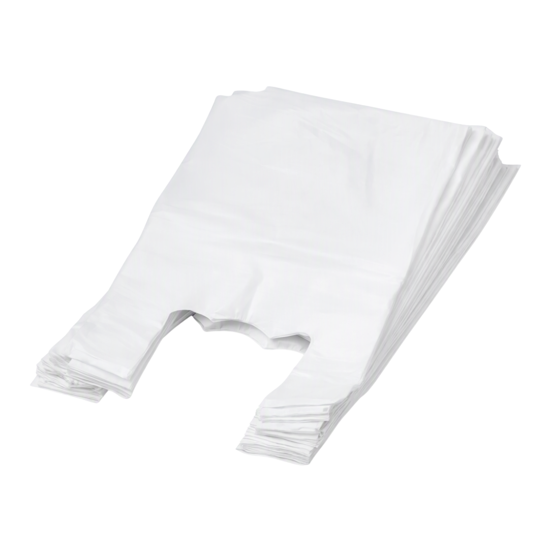 A stack of plain white plastic shopping bags with handles, photographed on a clean white background.