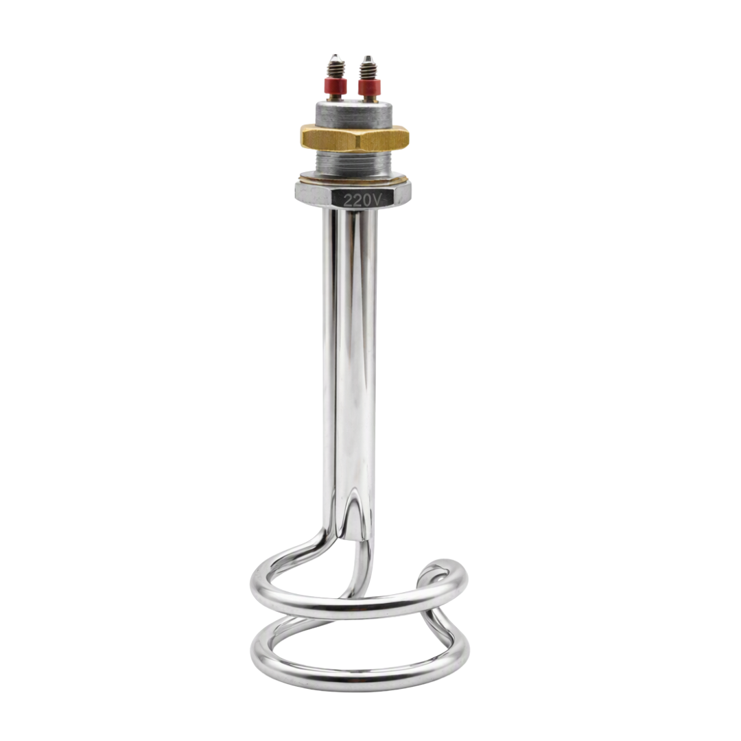 A 220W stainless steel coil heating element with a polished chrome finish, featuring a brass nut and red terminal caps at the top, shown on a solid white background.