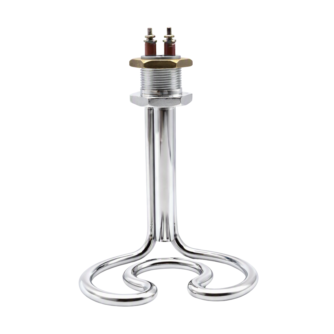 A polished chrome-plated metal electric heating element with a three-pronged terminal connection at the top, set against a plain white background.