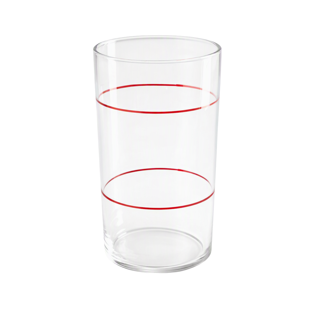 A clear glass facial steamer beaker with two thin red horizontal rings near the upper half, shown on a plain white background.