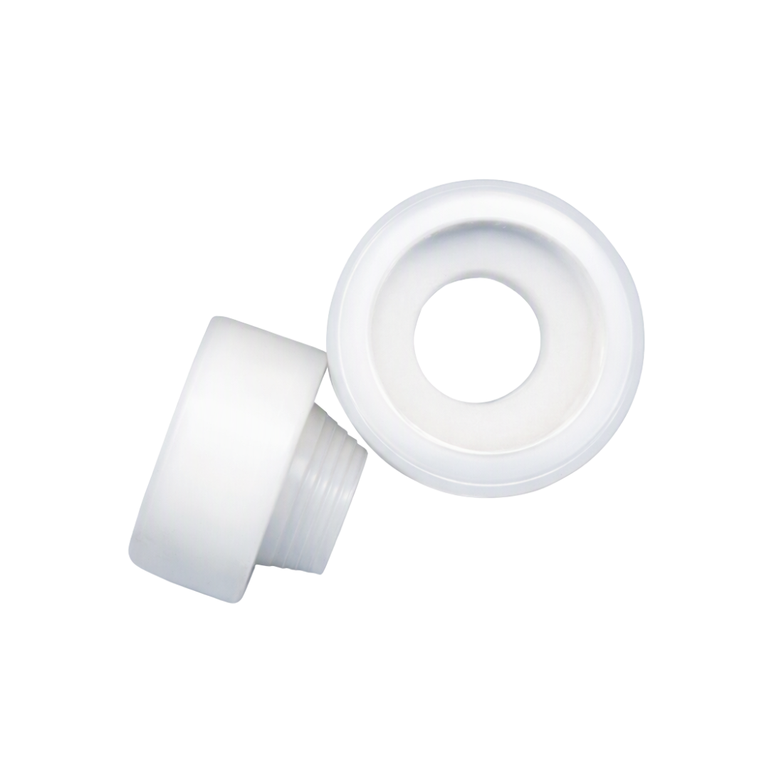 Two white plastic steamer nozzle pieces, one showing the threaded male end and the other showing the circular female opening, on a plain white background.