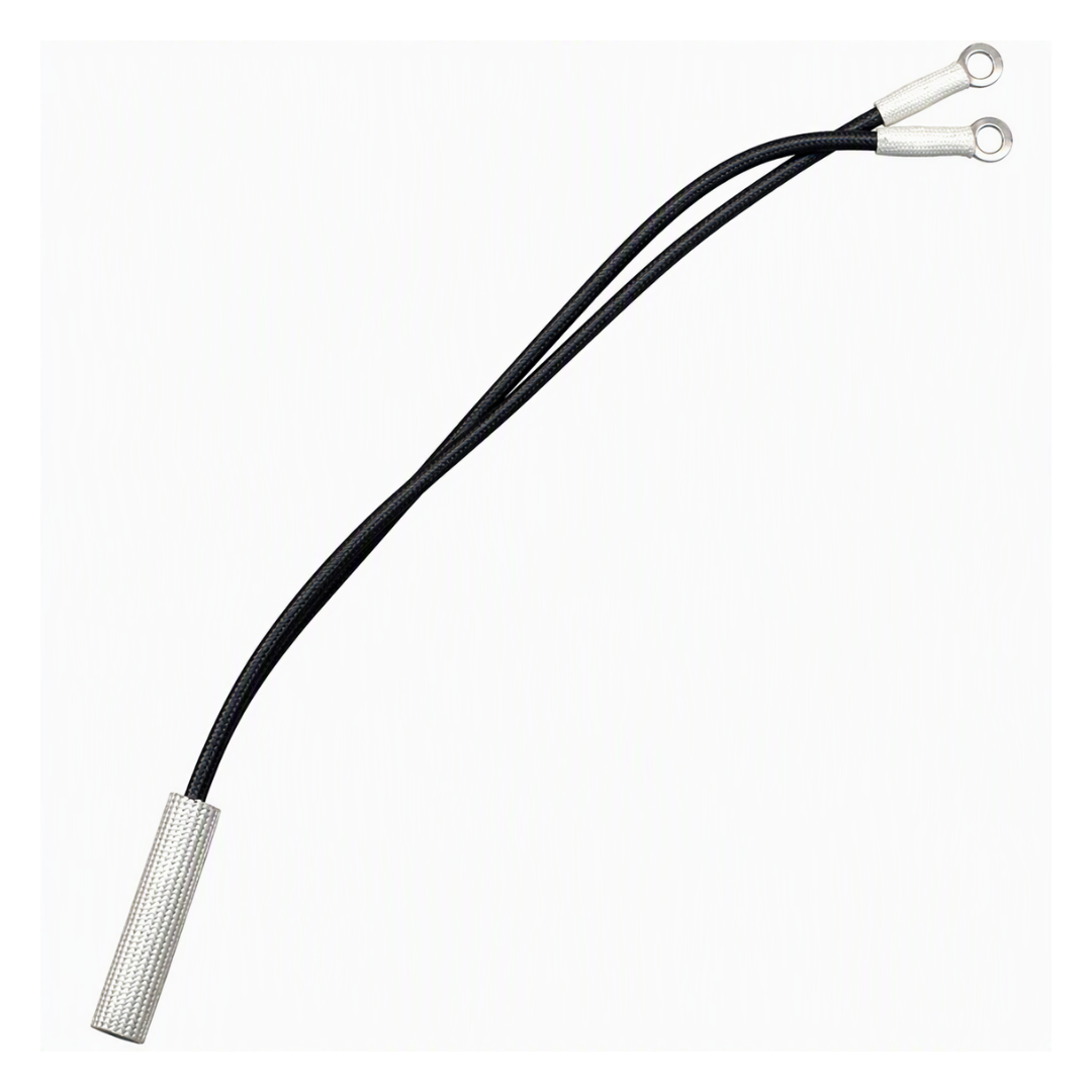 A black two-wire electrical steamer thermostat with a textured silver metal connector on one end and white ring terminal boots on the other, shown on a plain white background.