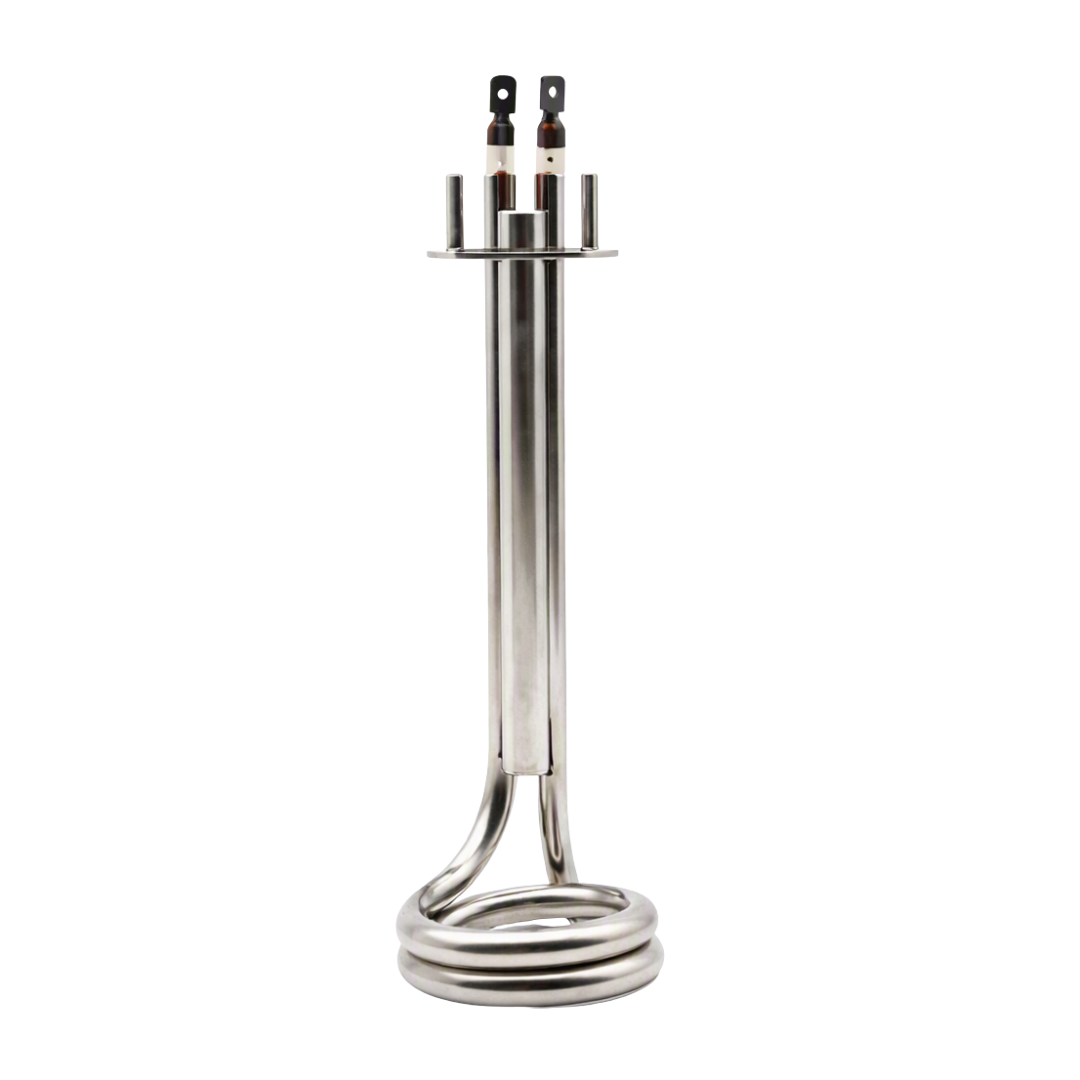 A stainless steel water heater element or boiler tube assembly with a coiled base and three vertical heating tubes at the top, shown on a solid white background.