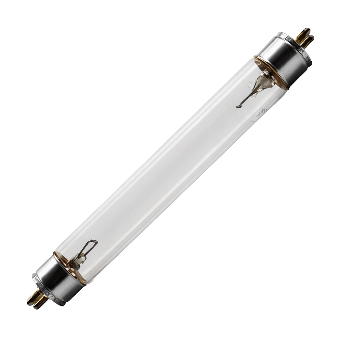 A clear glass UV light tube with silver metal caps and internal metal elements, shown diagonally on a plain white background.