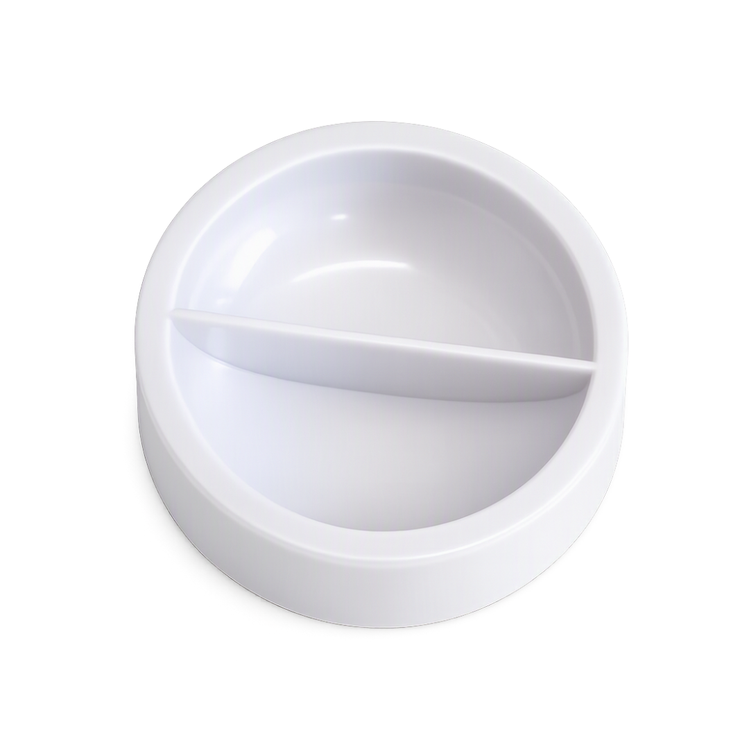 A grey, circular plastic facial steamer spout cap on white background