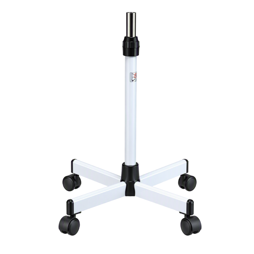 A white steamer stand with a five-star base, black casters, and a silver metal top post, shown on a solid white background.
