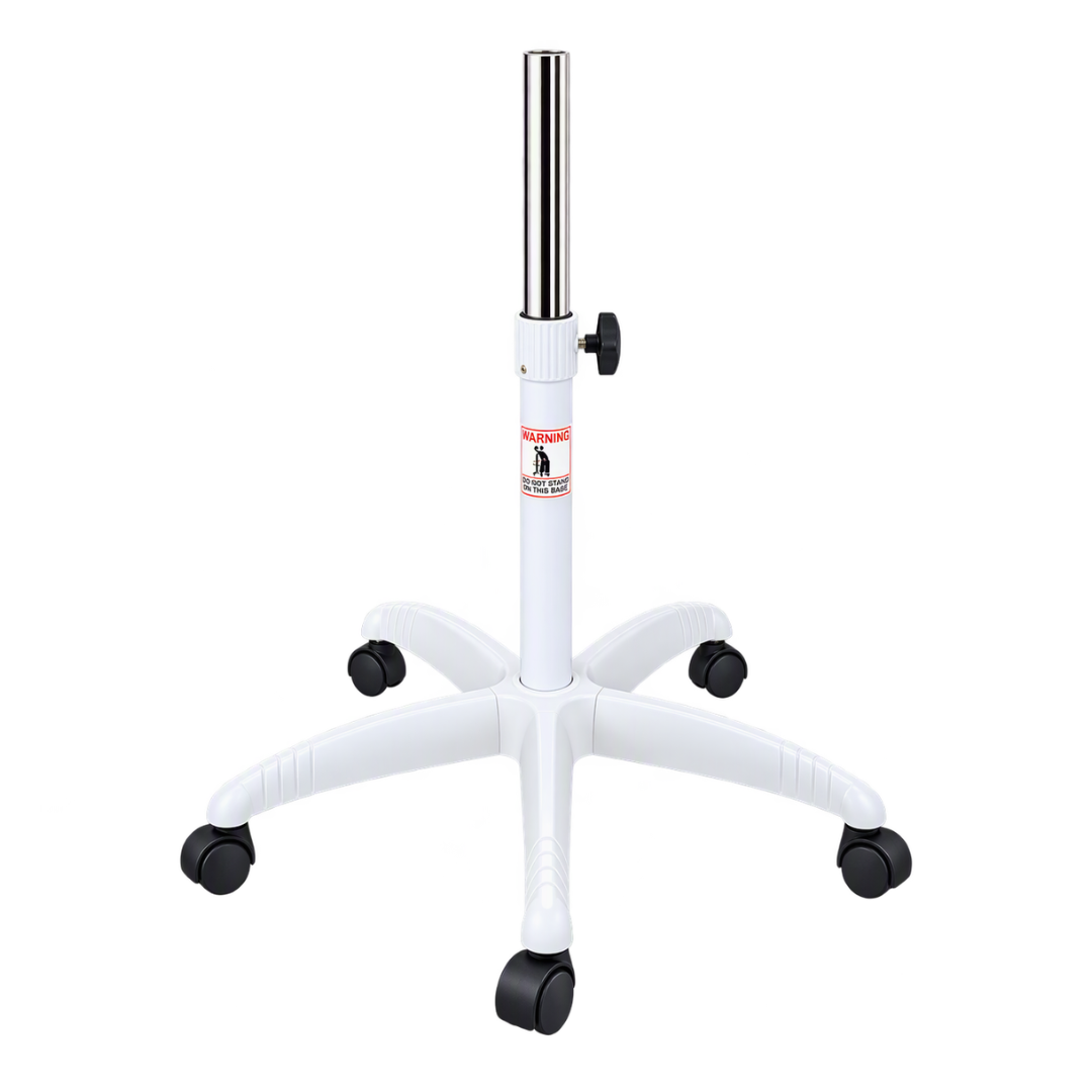 A white and silver adjustable steamer stand, base with five black caster wheels and a small warning label on the central column, isolated on a white background.