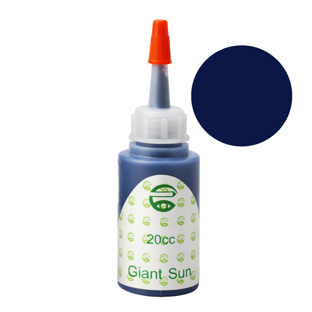A bottle of Giant Sun 20cc ink with a blue body, white label, and orange nozzle cap, shown next to a dark navy blue color swatch on a white background.
