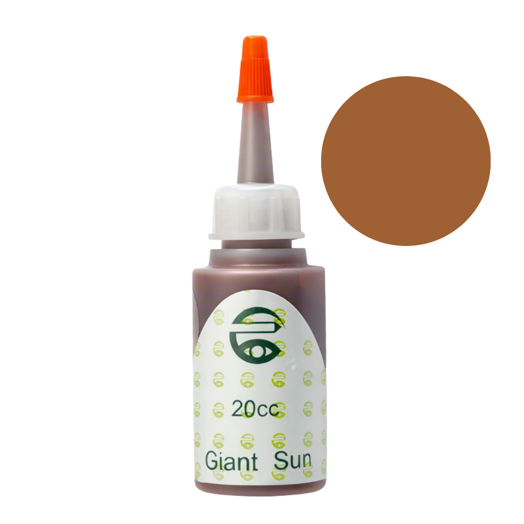 A bottle of Giant Sun brown pigment permanent makeup ink with an orange cap and a white label, shown next to a circular color swatch of the brown shade on a white background.