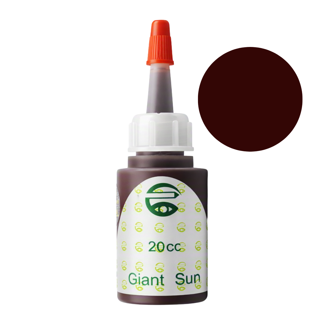 A bottle of Giant Sun 20cc pigment permanent makeup ink  in the shade 'Giant Sun' (a deep dark red-brown), featuring a white cap, orange applicator tip, and a circular color swatch overlay on a white background.