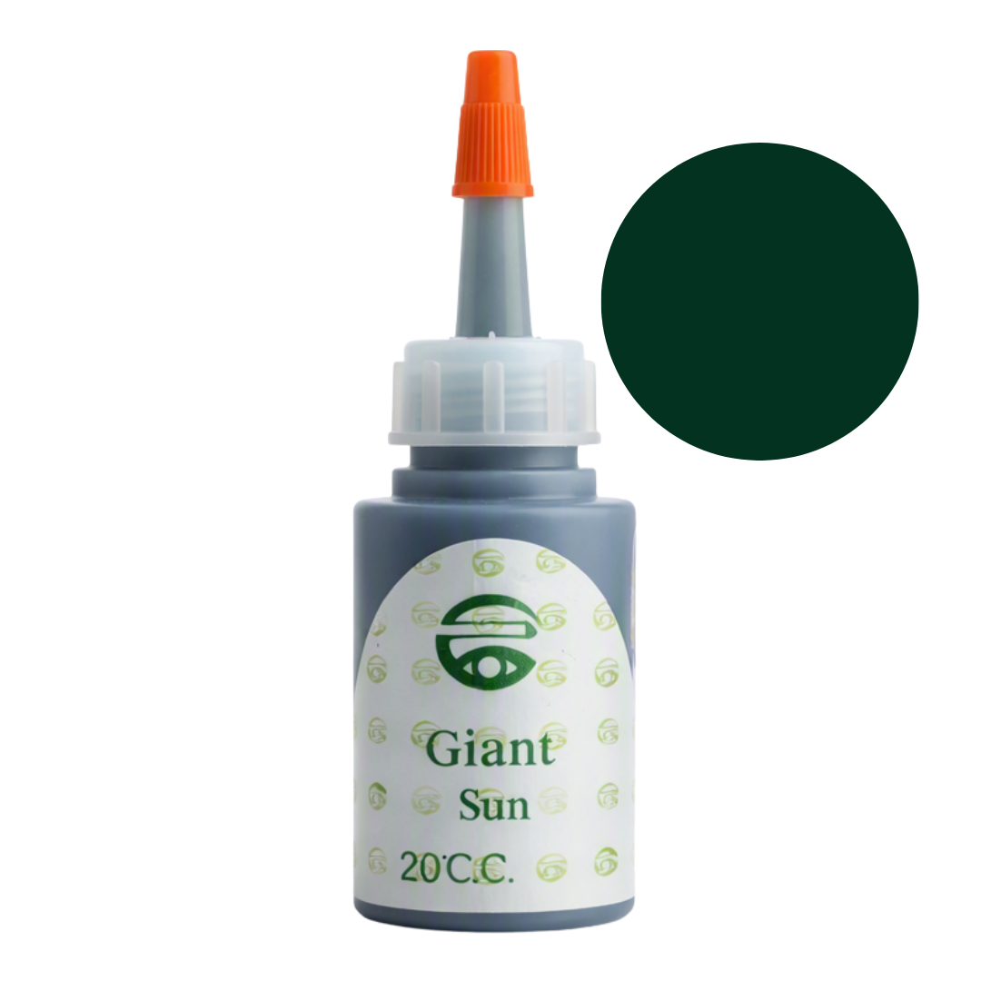 A bottle of Giant Sun green pigment permanent makeup ink with an orange nozzle cap, shown next to a dark green color swatch on a white background.