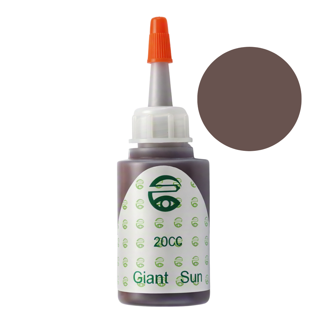 A 20CC bottle of Giant Sun pigment permanent makeup ink in a dark brown shade, featuring an orange applicator tip and a white label with green text, shown next to a circular color swatch on a white background.