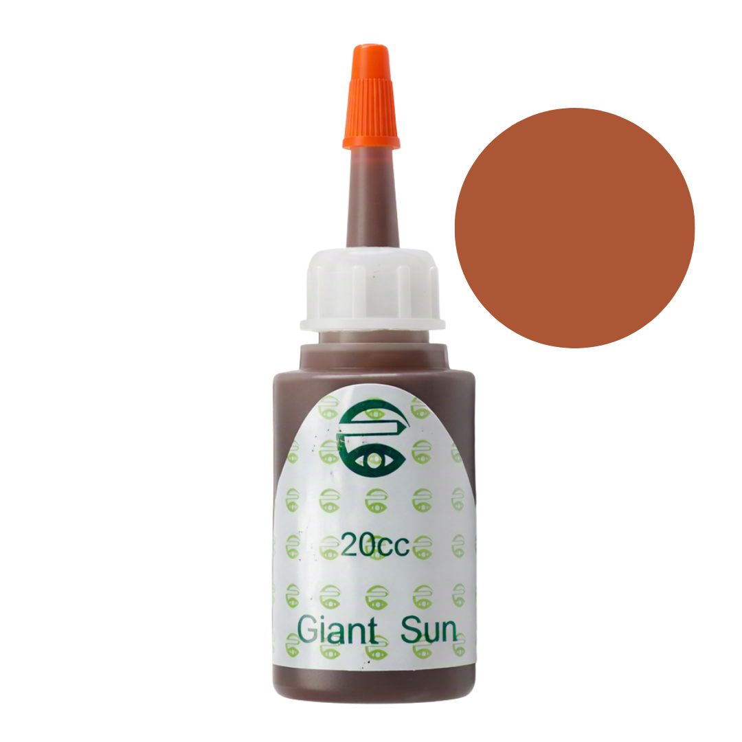 A 20cc bottle of Giant Sun brown pigment permanent makeup ink with an orange applicator tip and a white cap, shown next to a circular color swatch of the brown shadow on a white background.