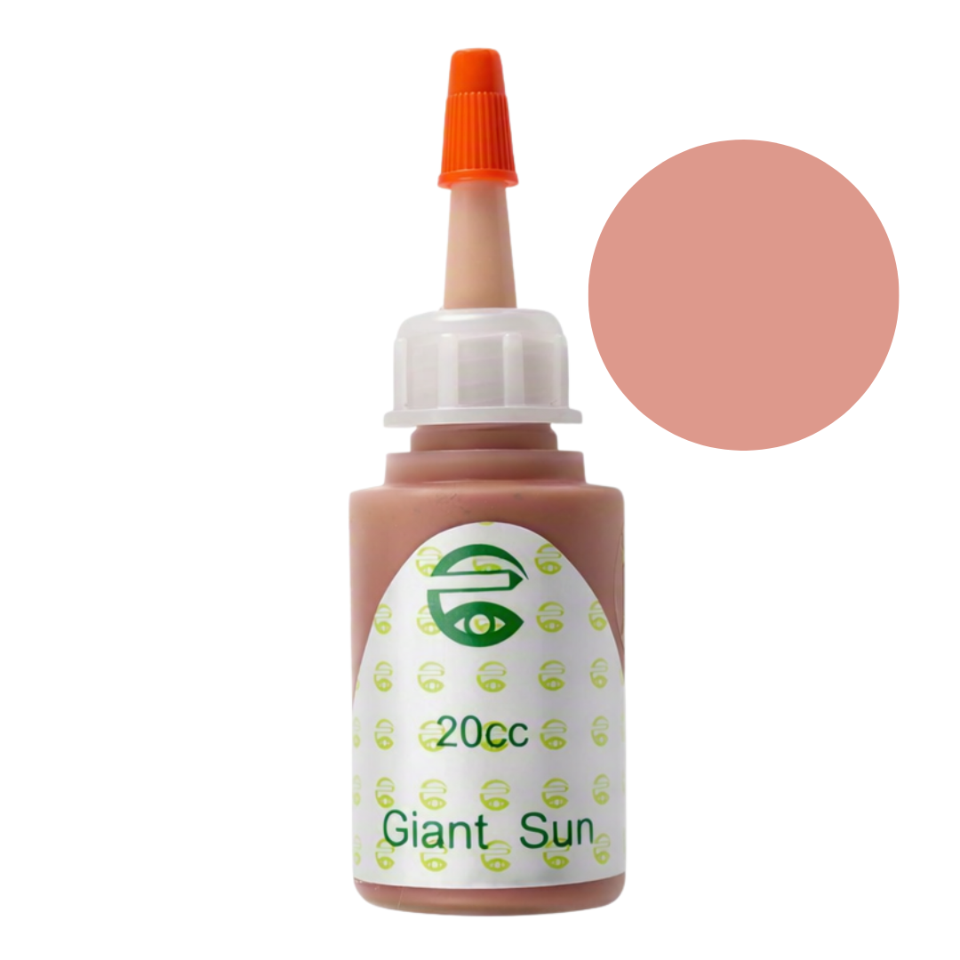 A bottle of Giant Sun pigment permanent makeup ink in shade 20cc, featuring a peach-pink color with a white cap and an orange applicator tip. A matching peach-pink circular color swatch is displayed on the right against a white background.
