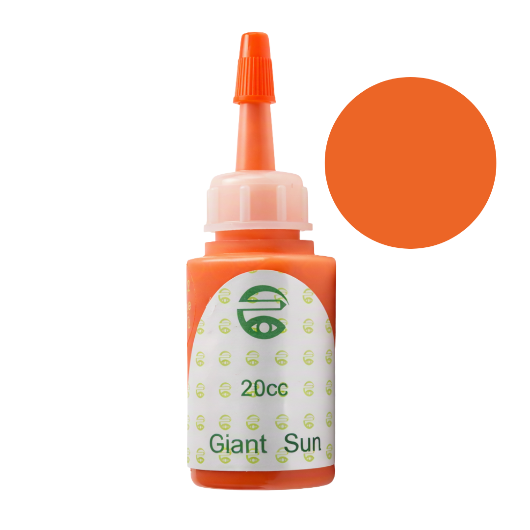 An orange bottle of Giant Sun pigment permanent makeup ink with a pointed applicator cap, shown on a white background with a matching orange color swatch circle.