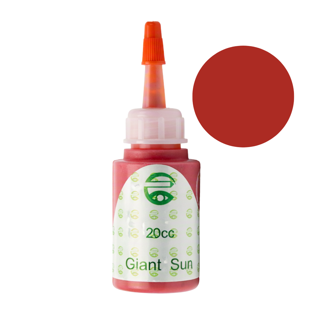 A 20cc bottle of Giant Sun red pigment permanent makeup ink with an orange applicator tip, shown on a white background with a red color swatch circle overlay.