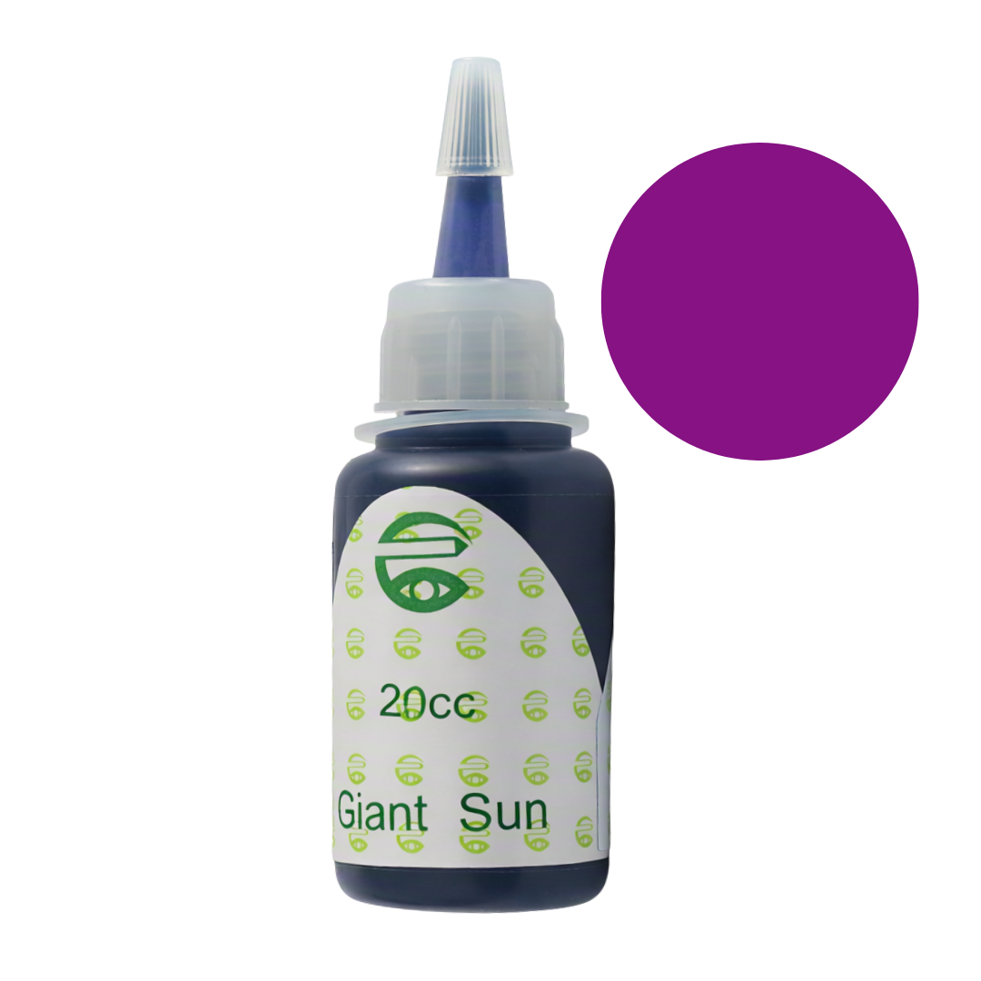 A bottle of Giant Sun pigment permanent makeup ink in the shade 'Purple', featuring a white label with green text and a matching purple color swatch circle on a white background.