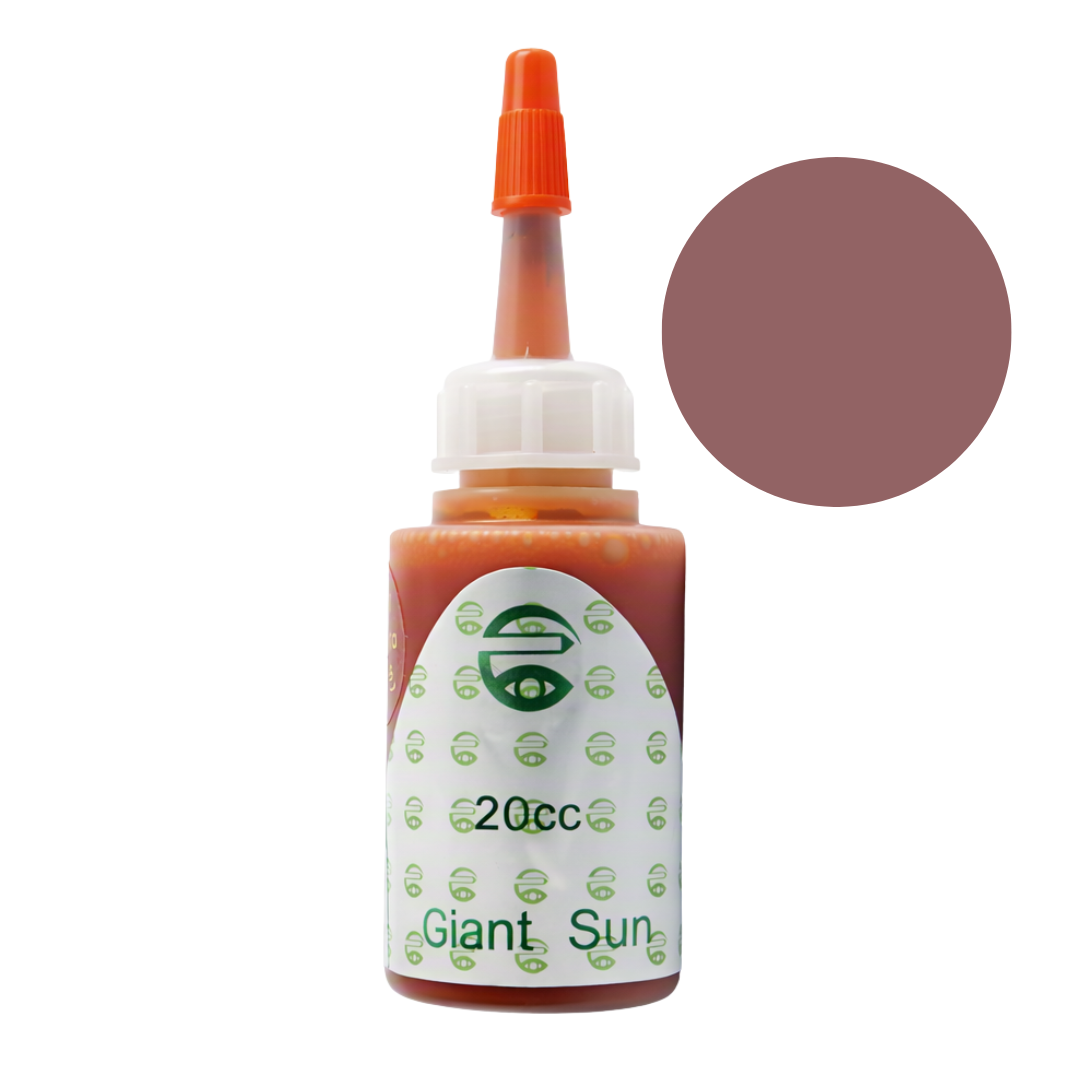 A 20cc bottle of Giant Sun orange-red pigment permanent makeup ink with an orange applicator tip and a white label, shown next to a circular color swatch of the wax itself on a white background.