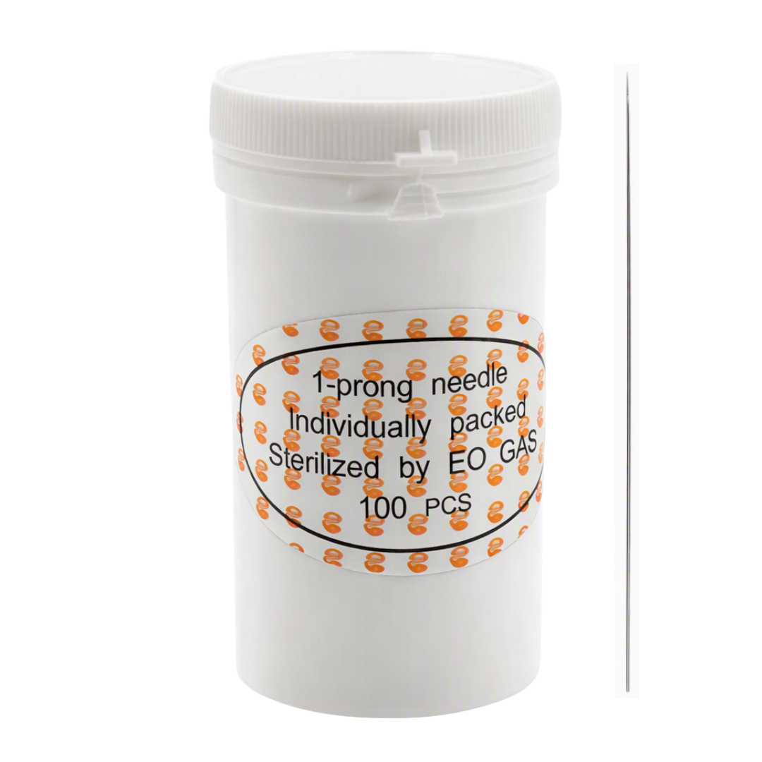 A white plastic container of 1-prong needles, individually packed and sterilized by EO gas, with a label indicating '1-prong needle Individually packed Sterilized by EO GAS 100 PCS'. A single thin needle is shown standing vertically next to the container on a white background.