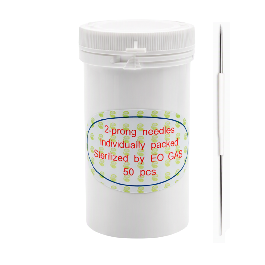 A white plastic jar labeled '2-prong needles individually packed Sterilized by EO GAS 50 pcs' with a single long metal needle shown beside it on a white background.