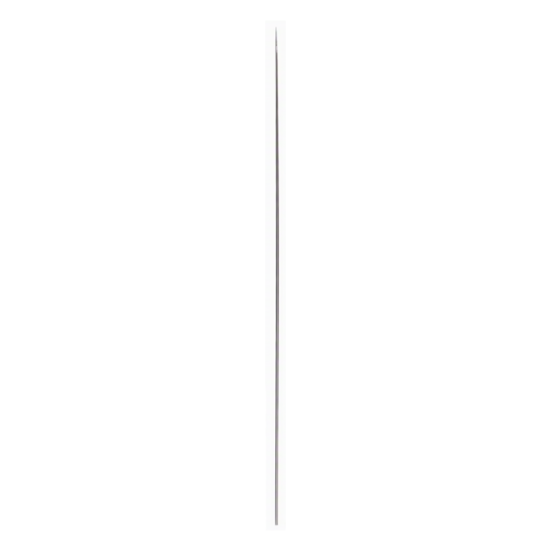 A single, very thin vertical metallic needle in silver, centered on a plain white background.