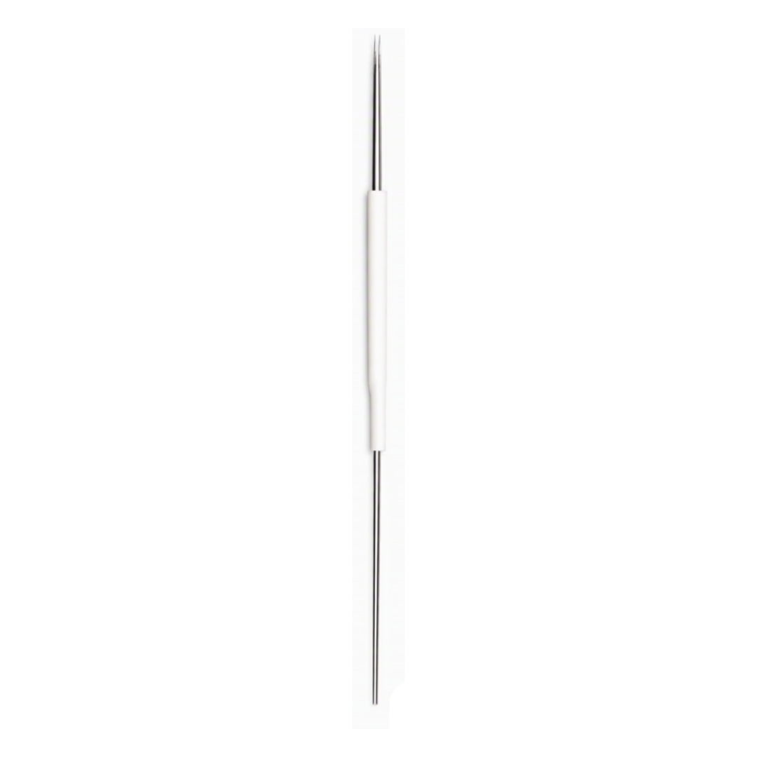 A 2 prong needle, very thin vertical metallic silver, centered on a plain white background.