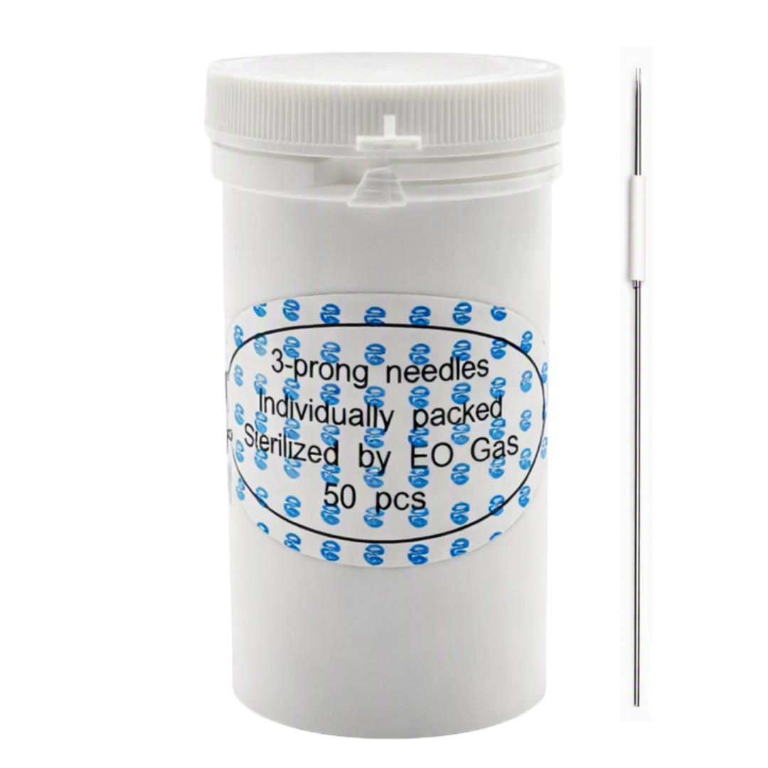 A white plastic container with a screw-on lid and a blue-and-white label reading '3-prong needles individually packed, Sterilized by EO Gas, 50 pcs,' shown next to a single metal 3-prong needle on a white background.
