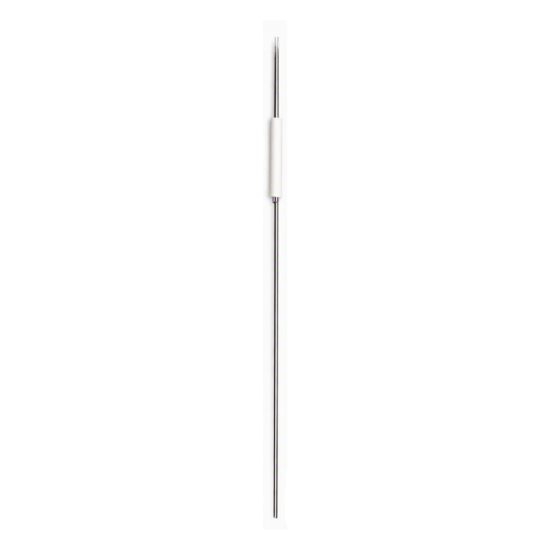A 3prong needle, very thin vertical metallic silver, centered on a plain white background.